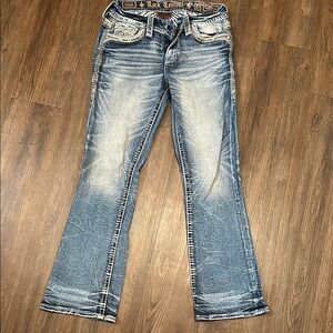 Rock revival (Delilah)Blue Flare Wide Leg Jeans with Distressed Hem